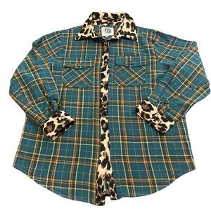 Tees2UrDoor Shirt Women's Size Large Green Plaid Animal Print Long Sleeve Button